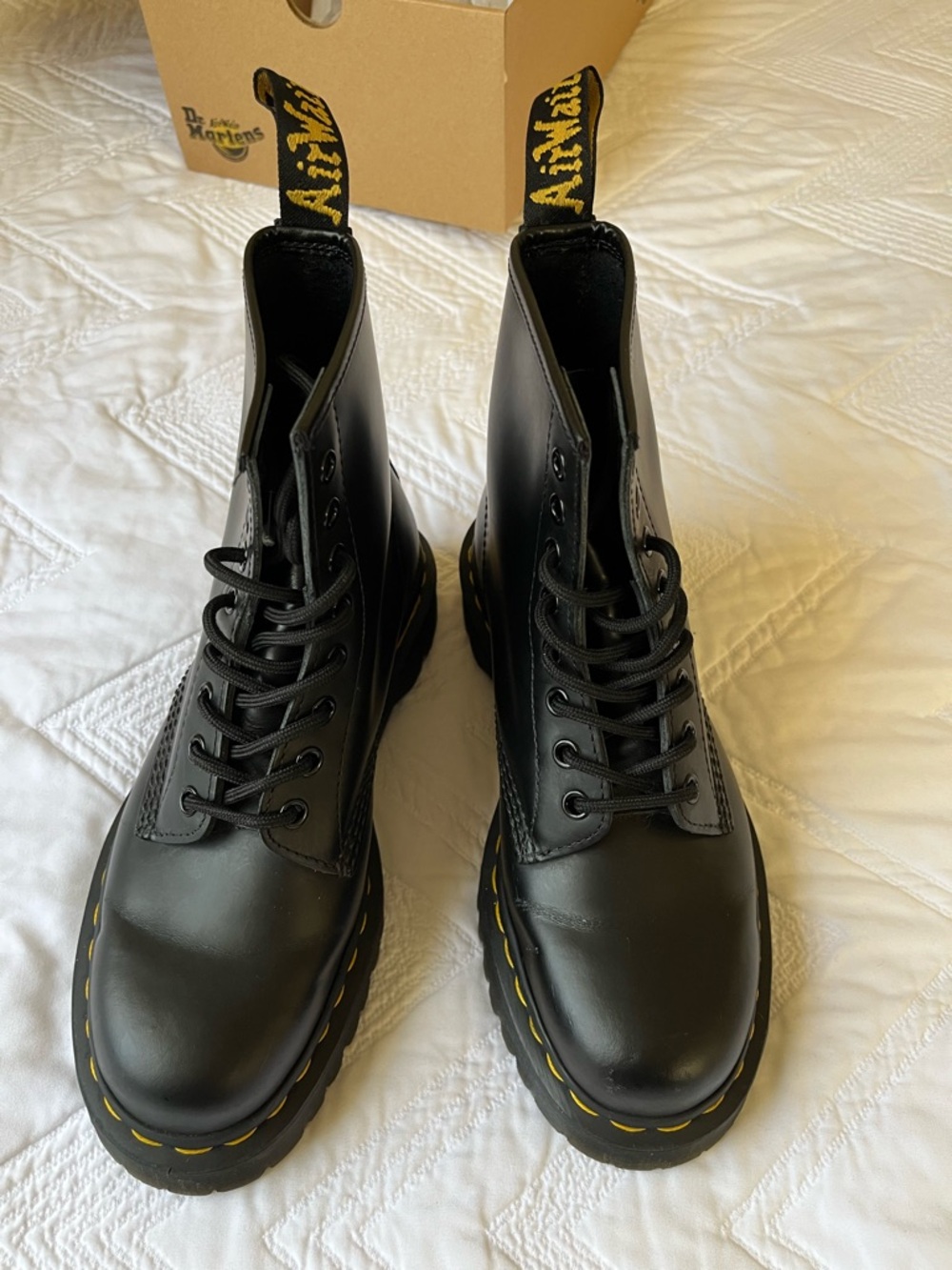 Dr. Martens Black Leather 8-Eye Boots with Yellow Stitching